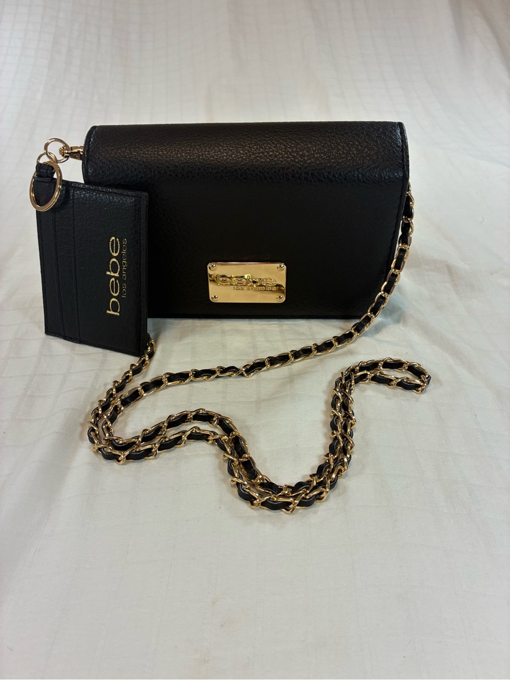 bebe Black Crossbody Bag with Gold Chain and Cardholder